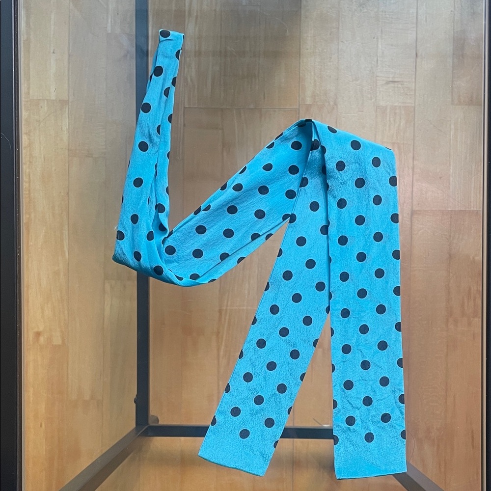 Chic Blue Tie Scarf with Black Polka Dots